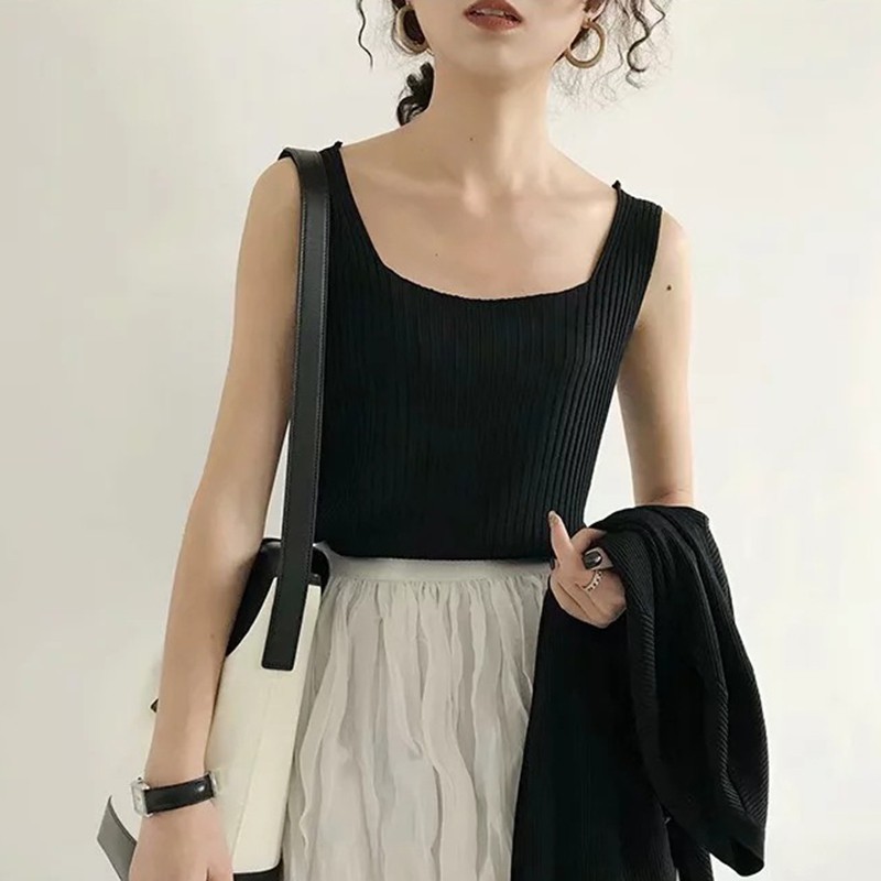 Women's Square Collar Sleeveless Knitted Crop Tank Top | BigBuy360 - bigbuy360.vn