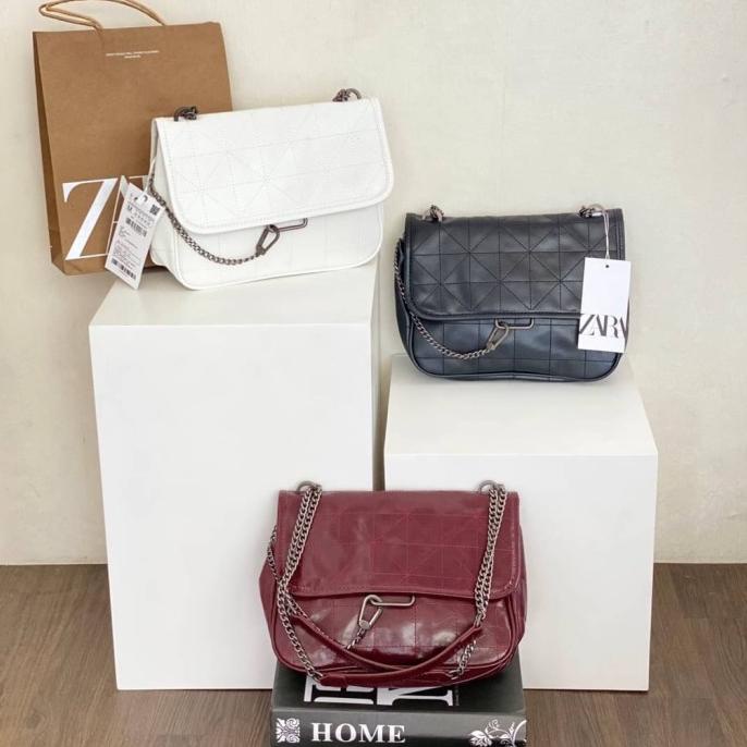 Túi Xách Zara Hình Kim Tự Tháp Màu Đỏ Đen Sang Trọng Chất Lượng Cao