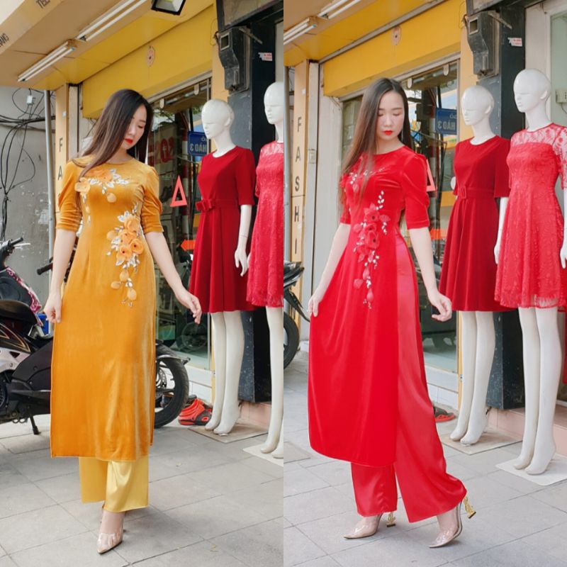 Set áo dài nhung cách tân gồm 2 sp áo và quần lụa , thêu hoa ruy băng cầu kỳ tỉ mỉ , đc thiết kế, sx may kỹ. Ảnh thật ❤