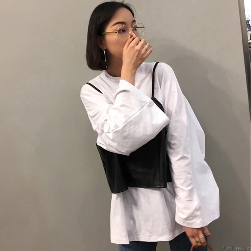 Set 2 món gồm áo kiểu tay ống rộng màu trắng + áo 2 dây màu đen bằng da pu cho nữ