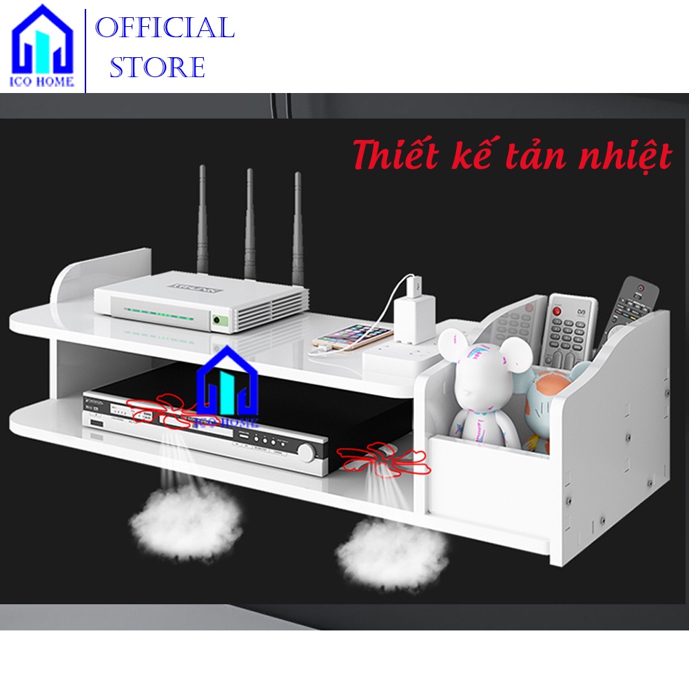Kệ wifi treo tường 2 tầng không cần khoan để đầu thu kỹ thuật số, tivibox, có khay đựng remote điều khiển tiện lợi