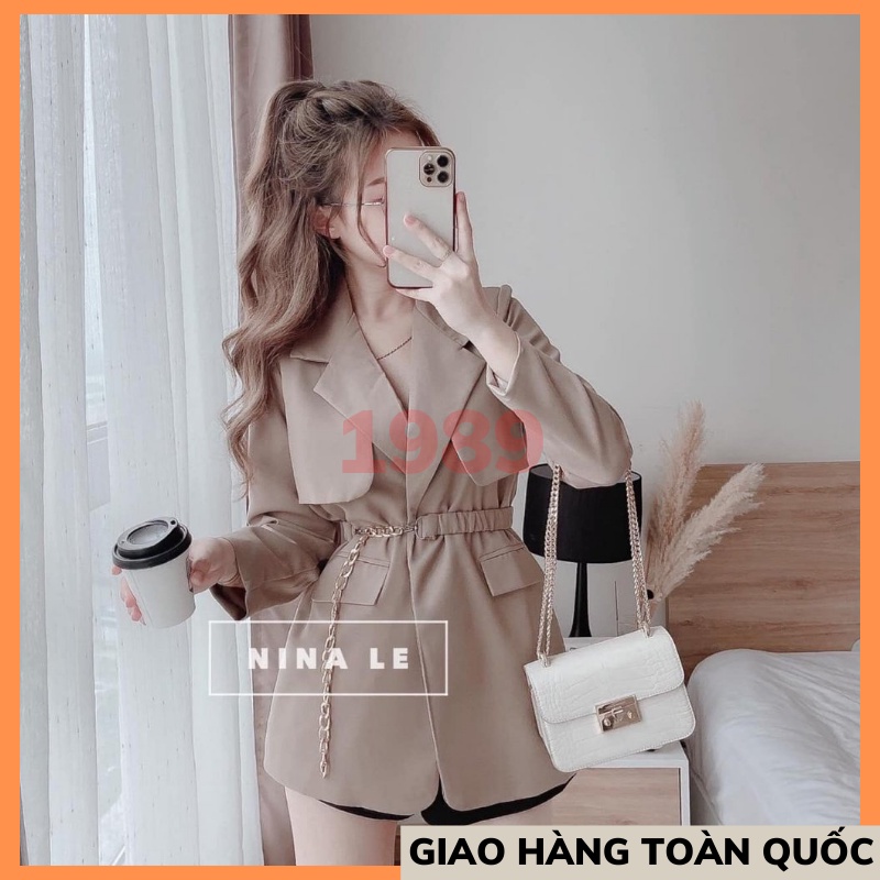 Set áo vest blazer kèm đai màu nâu và đen sang trọng cho nữ THỜI TRANG 1989