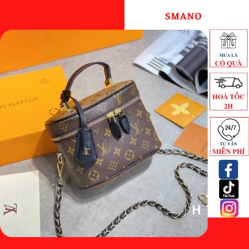 TÚI XÁCH TAY ĐEO CHÉO DÁNG HỘP VANITY LV 2 BOX SUPER VIP DA THẬT KÈM KHĂN LỤA 4 CHÂN ĐINH CHUẨN AUT SMANO BAGS HỎA TỐC