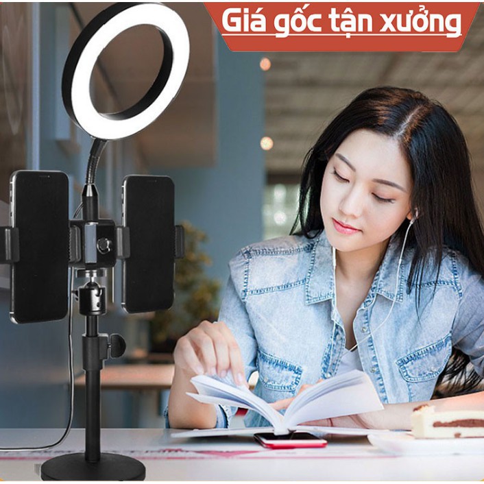 Đèn led livestream 16cm để bàn mini tích hợp 2 kẹp điện thoại kiểu chữ T