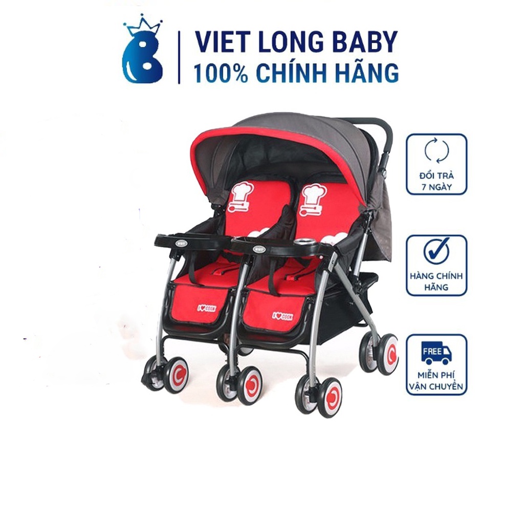 Xe đẩy đôi cho bé Baobaohao 703A gấp gọn tiện lợi, có khay, bàn ăn, kèm màn che hàng chính hãng bảo hành 12 tháng