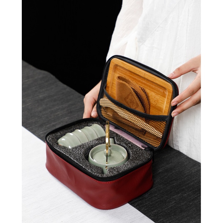 Bộ Ấm Chén Pha Trà Đạo Kèm Khay Có Túi Xách Mang Đi Du Lịch Tiện Lợi