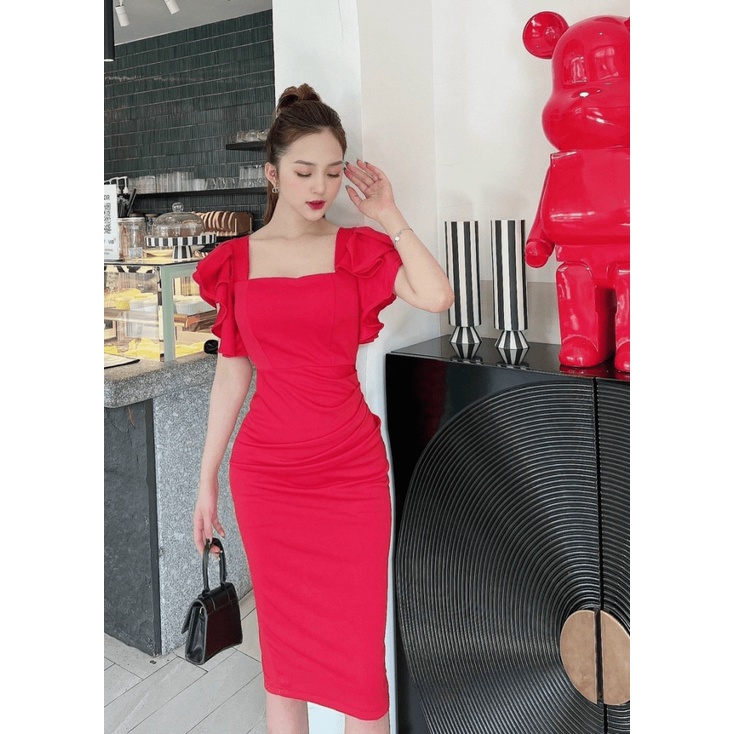 Đầm Body Nữ Cổ Vuông Tay Nhún Bèo Siêu Xinh, Đầm Ôm Tôn Dáng Chất Umi Có Mút Ngực Co Giãn Mặc Thoải Mái [NEW UNISEX]