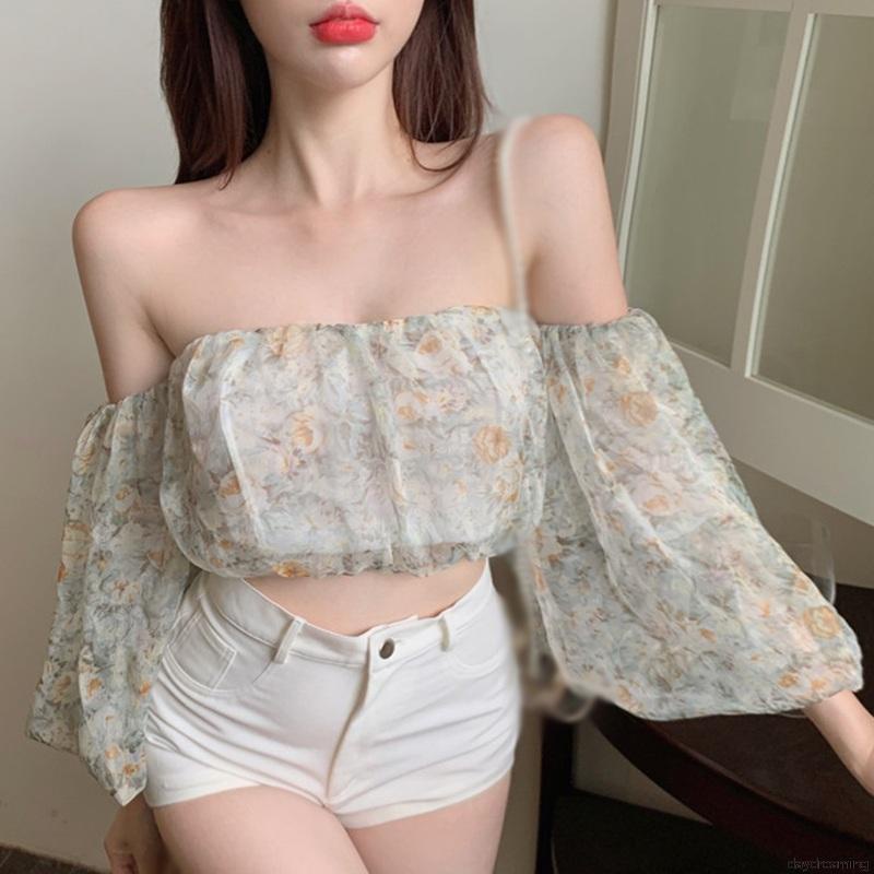 Áo voan croptop trễ vai tay loe in hoa thời trang cho nữ