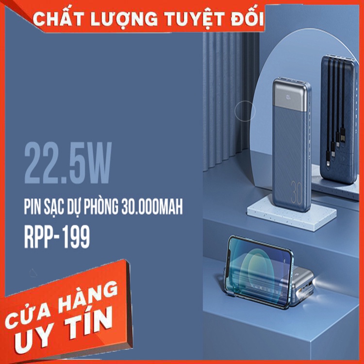 Pin Dự Phòng 30.000mAh Sạc Nhanh QC 3.0 22.5W Remax RPP-199 Chính Hãng - Kèm Cáp Lightning, Type C, Micro USB