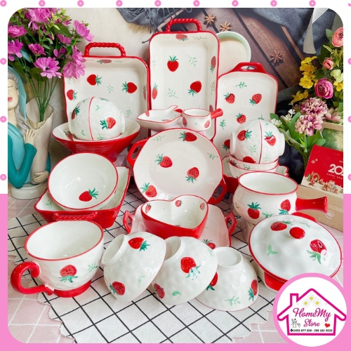 Set Bát Đĩa Decor Dâu Tây Cute Bát Ăn Cơm Chén Dĩa Dễ Thương Bát Ăn Dặm Cho Bé