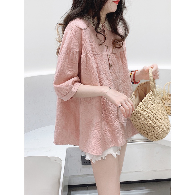 Ice cotton linen short-sleeved shirt top lace lapel jacquard linen clearance
