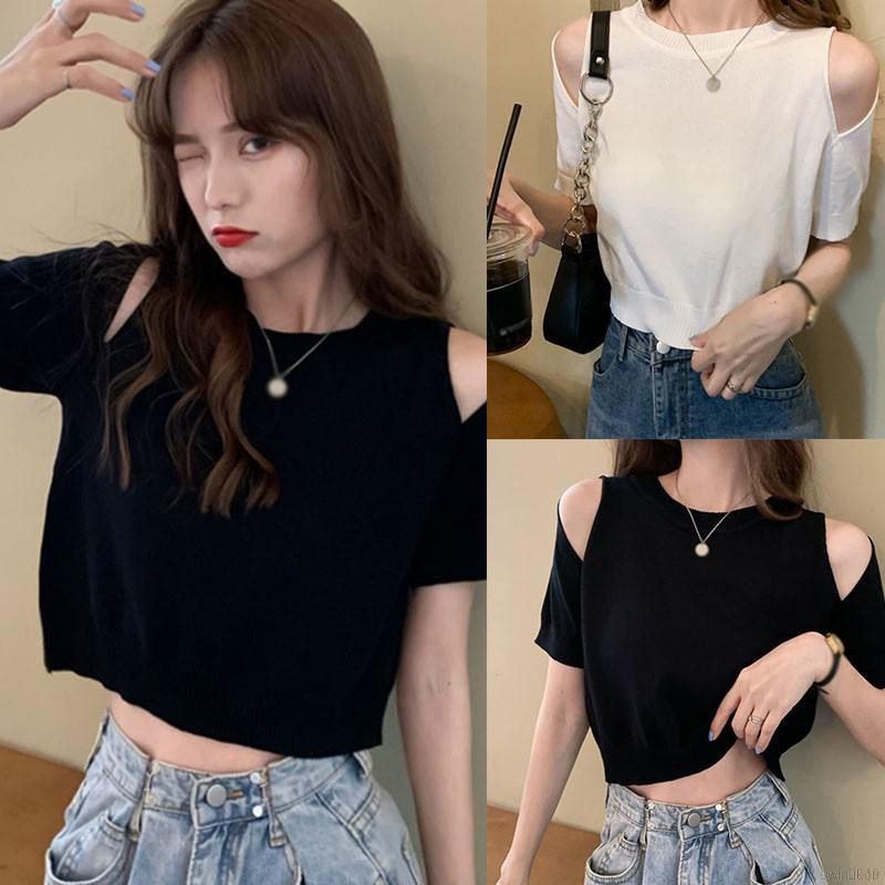 Women Off-the-shoulder Top Short Loose Knit  Solid Color Short-sleeved T-shirts