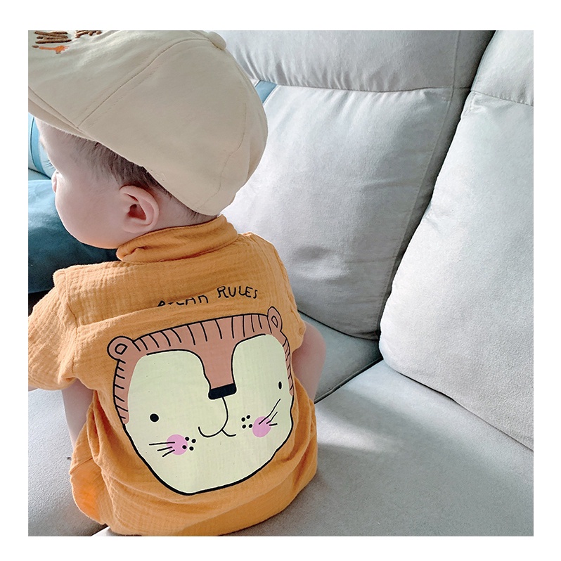 Bộ Áo Liền Quần Cotton Tay Ngắn In Họa Tiết Hoạt Hình Động Vật Dễ Thương Dành Cho Bé Trai 0-18 Tháng Tuổi