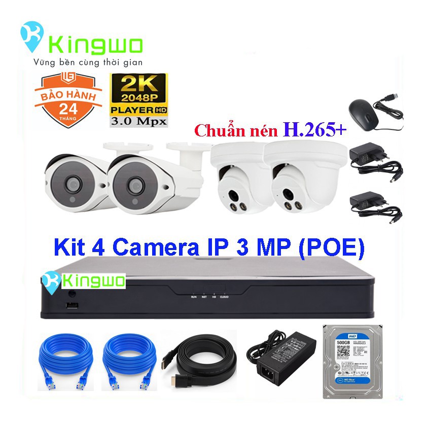 Bộ KIT 4 camera IP 3.0MP KingWo (POE) Có ổ cứng 500G,mắt KIM LOẠI chống nước-Bảo hành 2 năm 1 đổi 1-Tặng 40m dây mạng