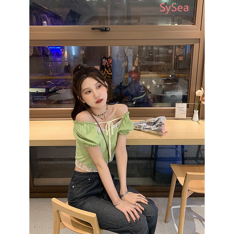 Áo croptop tay phồng ngắn phối ren quyến rũ thời trang mùa hè cho nữ