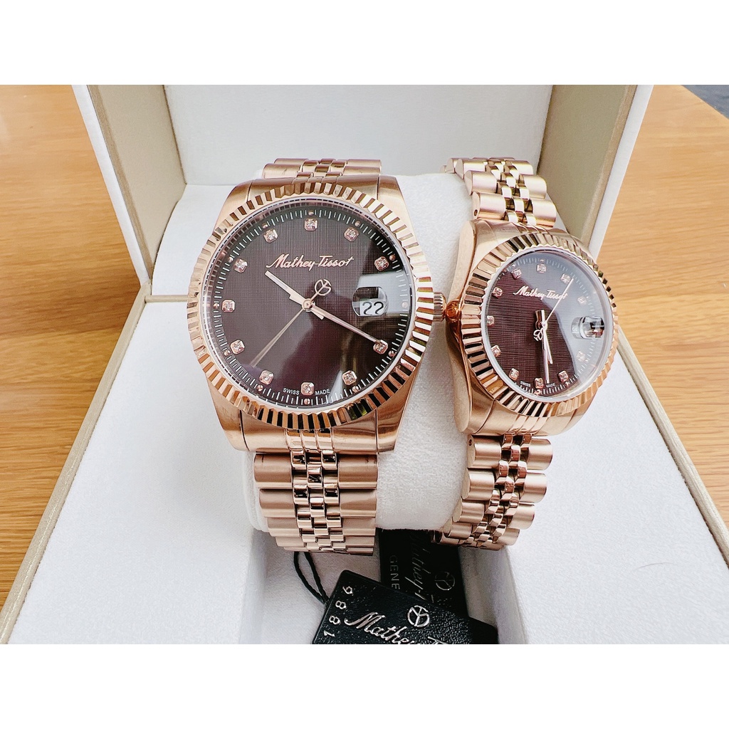 Đồng hồ đôi nam nữ Mathey Tissot Dial Brown Rose Gold