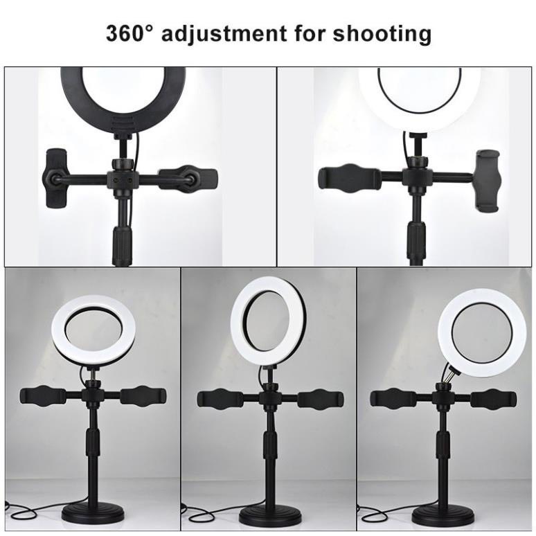 Đèn LED LIVESTREAM Để Bàn Tích Hợp 2 Kẹp Điện Thoại | Có 3 Chế Độ Ánh Sáng| Góc Điều Chỉnh Tự Do - Mee Store 247