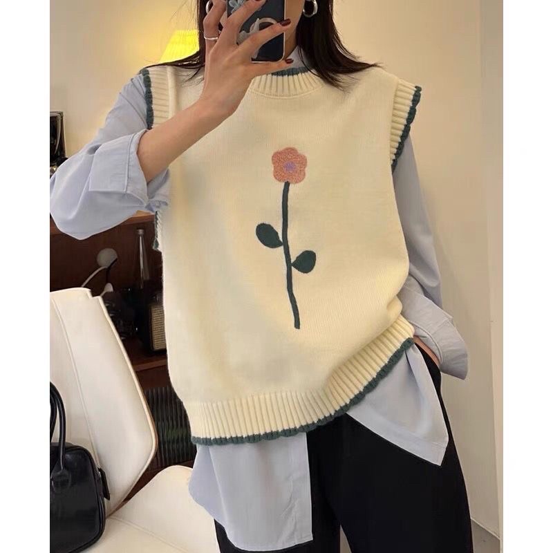 Áo gile len nữ thêu hoa xinh xắn phong cách vintage