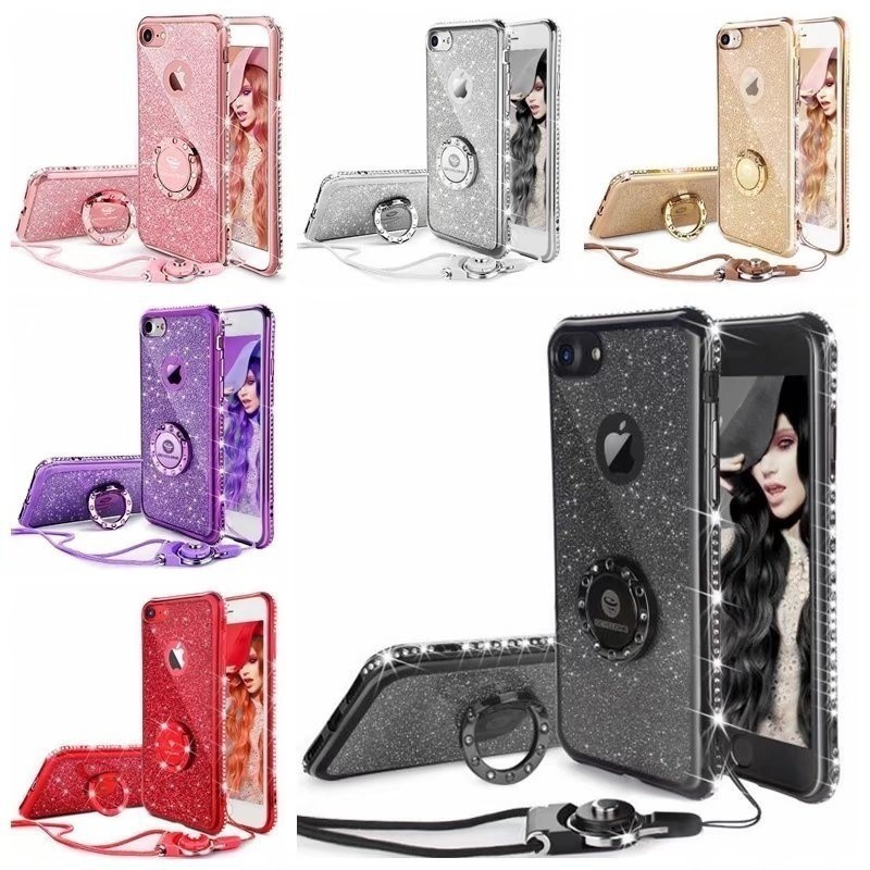 Ốp điện thoại TPU mềm đính kim cương giả lấp lánh kèm giá đỡ cho Iphone Samsung