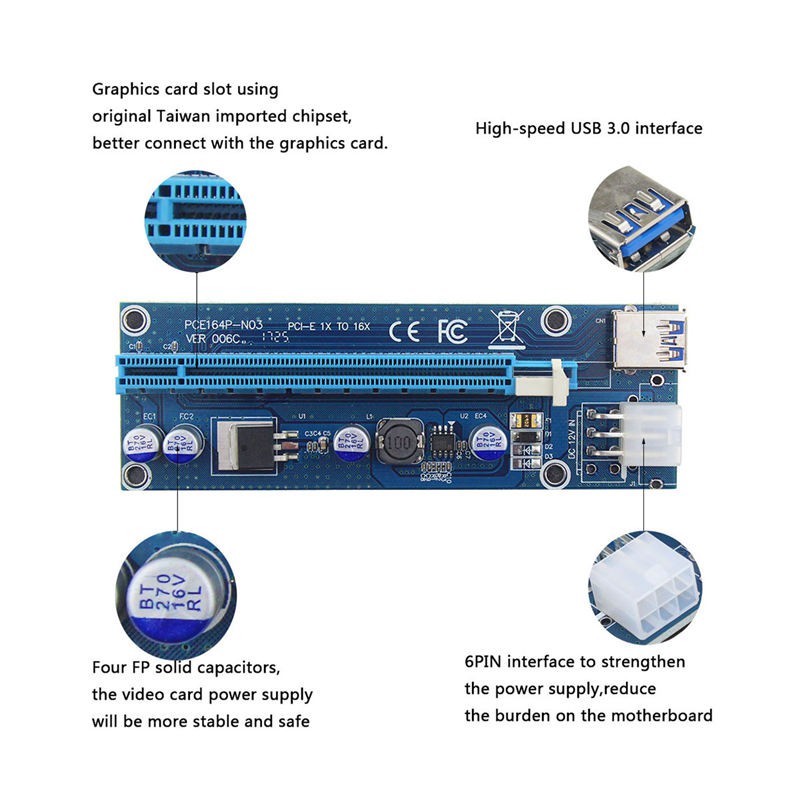 Pci-E Riser Pci E Express 1X To 16X Riser Card Usb 3.0 Pci-E Sata To 6Pin Power