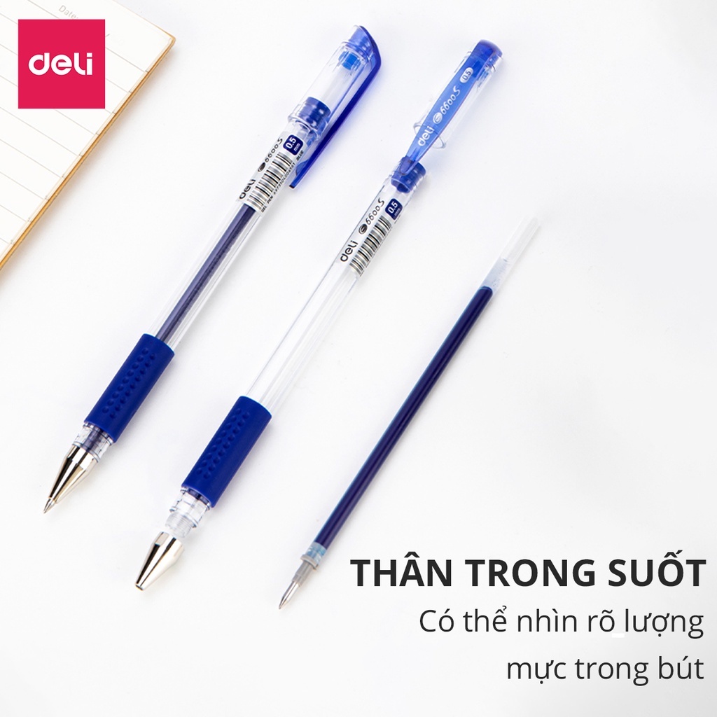 Bút bi nước mực gel nắp đậy 0.5mm Deli màu xanh/đen nhanh khô lâu hết mực nét viết trơn tru đều đẹp