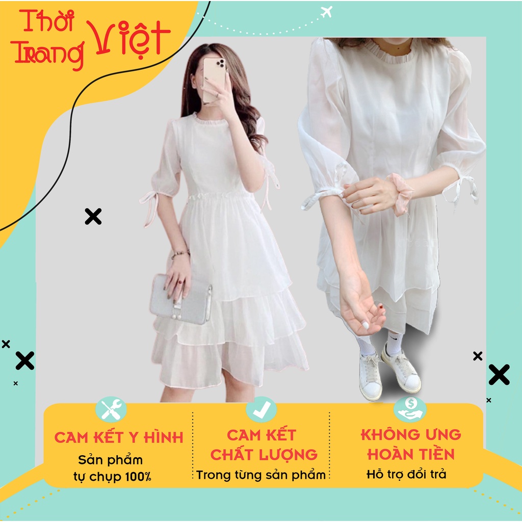Váy trắng nữ cổ tròn dáng dài nhiều tầng, Đầm nữ chữ A tay bồng lỡ tiểu thư 2 lớp dày dặn