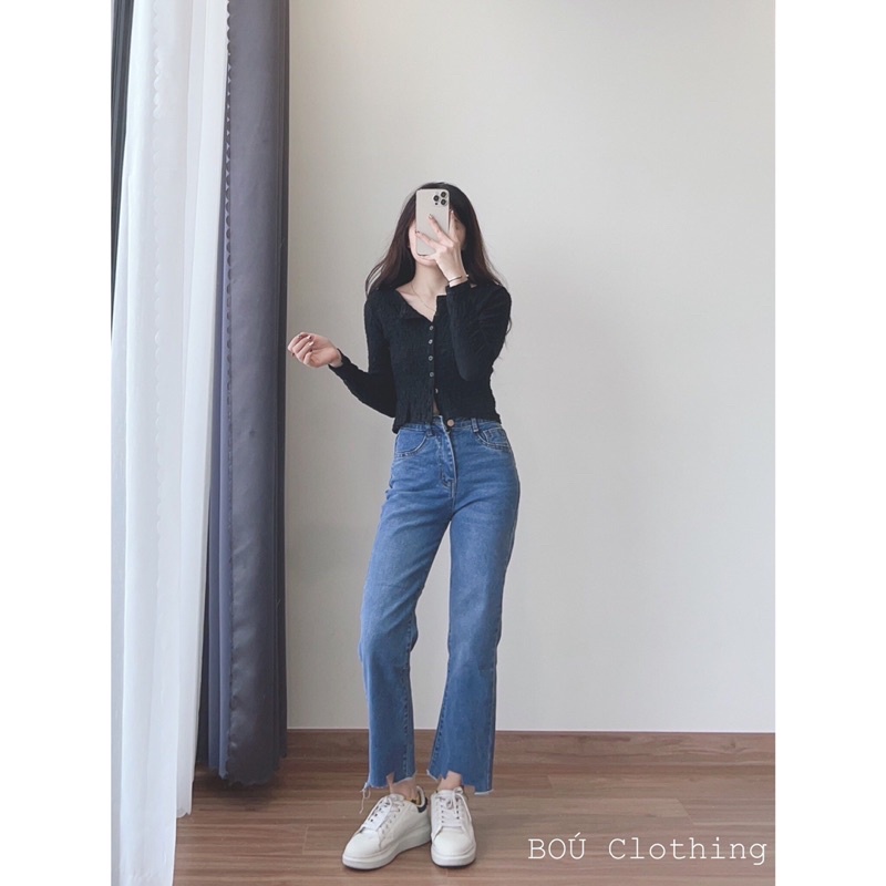 Áo croptop nhún tay dài 2 màu xu hướng (Ảnh thật)