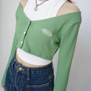 Janet studio • áo 3 nút crop top xanh lá