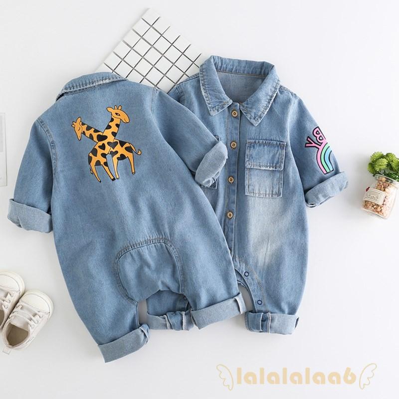 Romper liền mảnh denim in hình hươu cao cổ cho bé