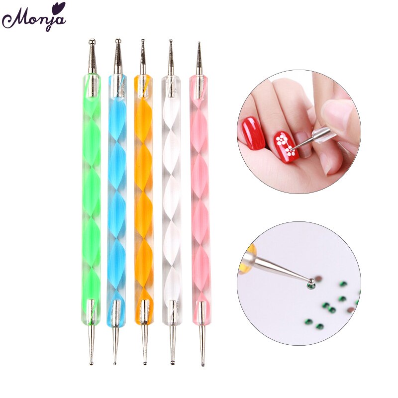 Set 5 cọ Monja thiết kế hai đầu đính đá trang trí móng nghệ thuật DIY