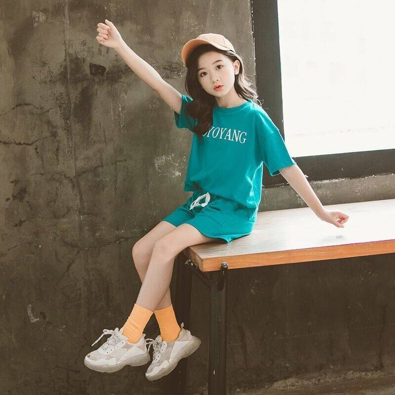 Bộ Áo Thun In Chữ + Quần Short Cotton Màu Xanh Lá Thời Trang Mùa Hè Cho Bé Gái 5-12 Tuổi