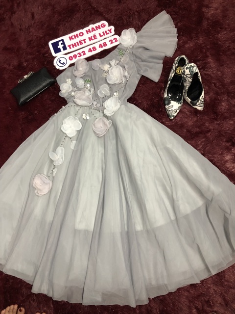 ẢNH VÀ VIDEO THẬT 10000%     Đầm xoè lệch vai hoa nổi kết cườm sang trong