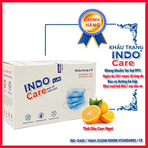 Khẩu Trang Y Tế Tinh Dầu Cam Ngọt InDo Care Chống Say Tàu Xe hiệu quả Khử Mùi Hơi Thở kháng khuẩn 99% hộp 50c
