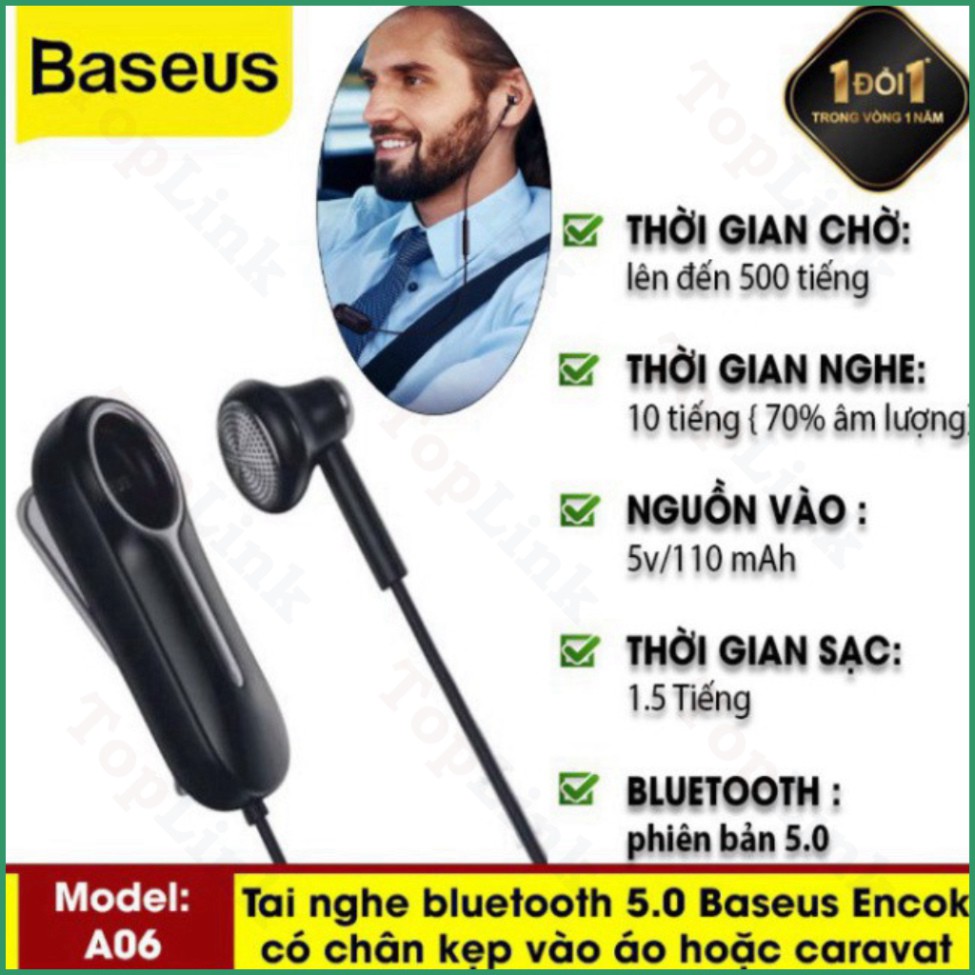 [TopLink] Tai Nghe Nhét Tai Bluetooth 5.0 Baseus Encok A06 Có Chân Kẹp Vào Áo, Có Mic Đàm Thoại