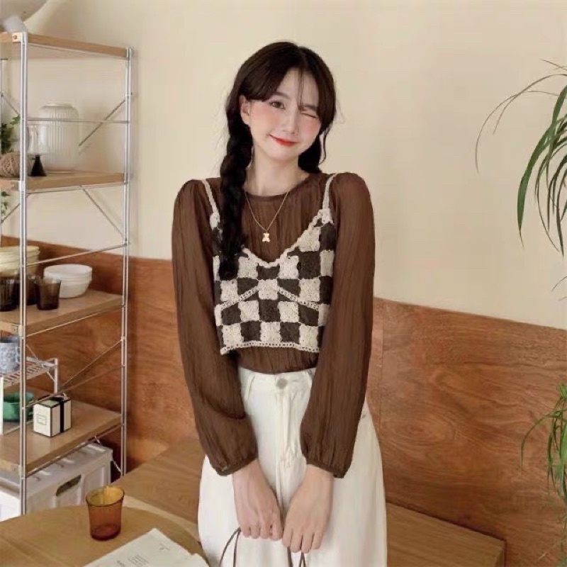 VN573 JinYi Áo hai dây len đan móc , áo hai dây đi biển kẻ caro dễ phối đồ