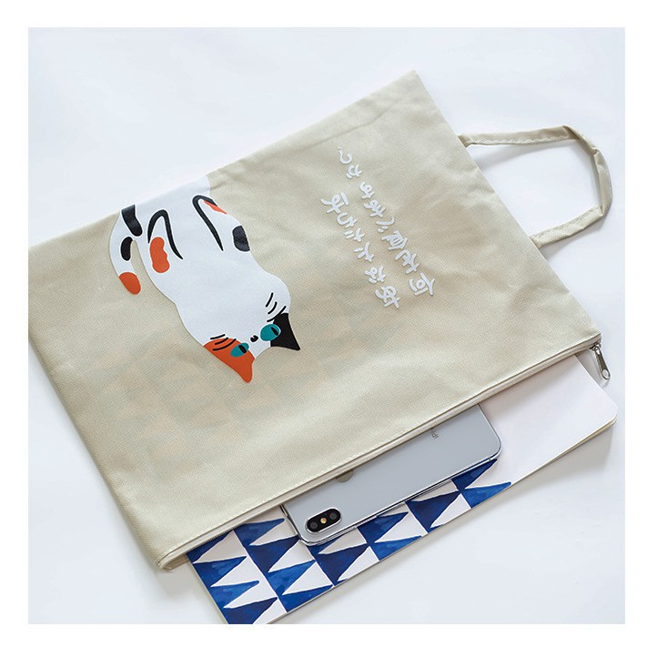 HCM -Túi vải đựng tài liệu sách vở họa tiết tối giản mèo Nhật dễ thương