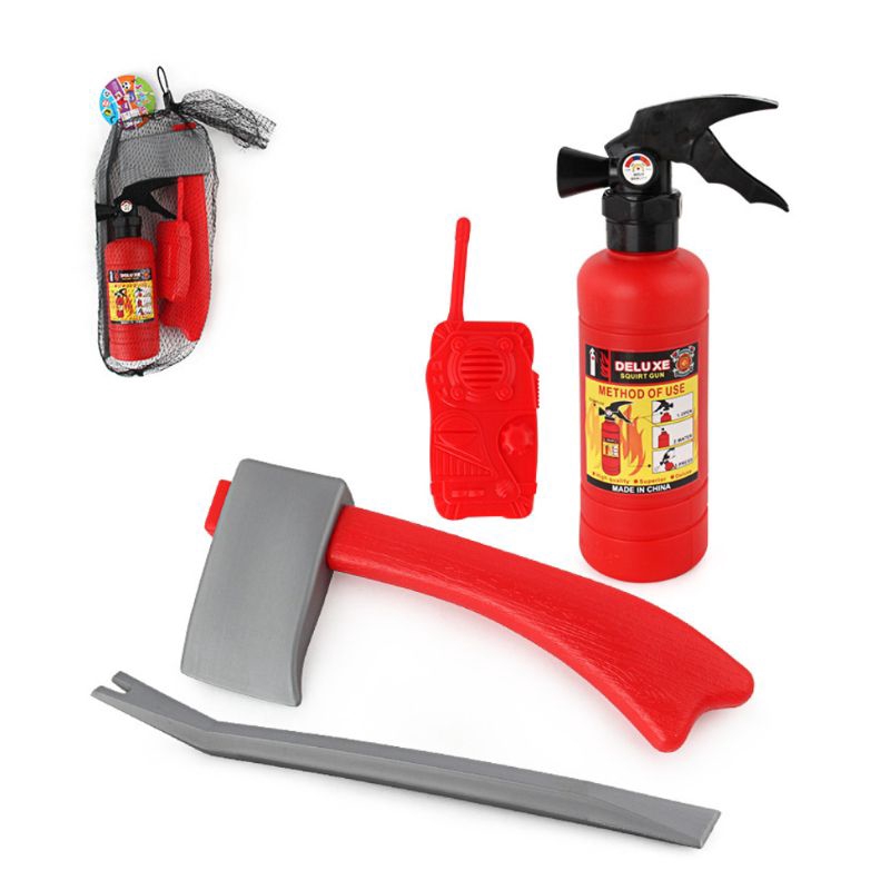 Set mô hình bình chữa cháy + bộ đàm + rìu + dụng cụ cạy cửa đồ chơi dùng để hóa trang lính cứu hỏa