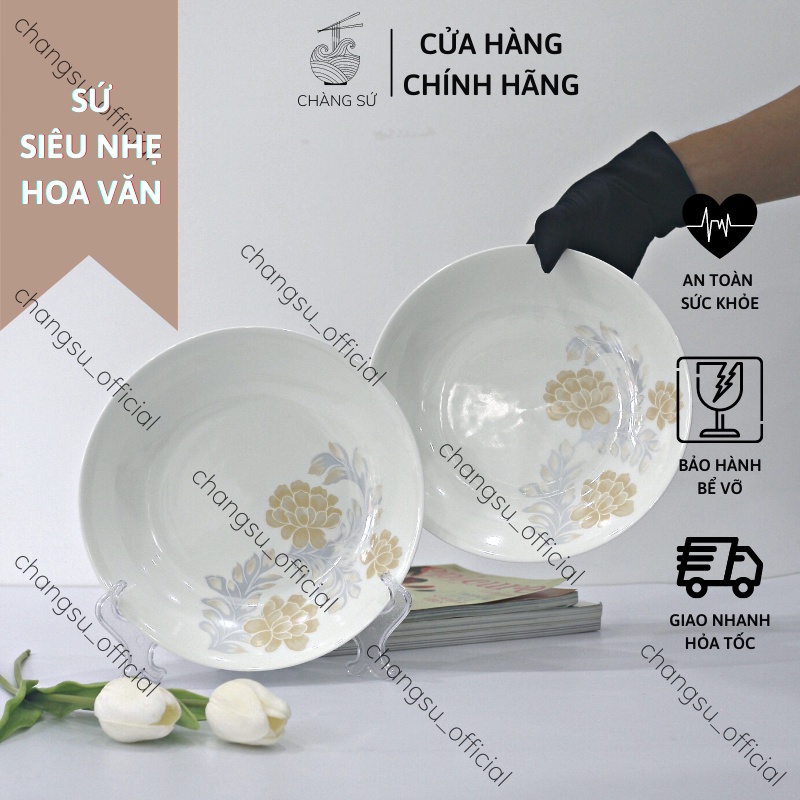 Đĩa sâu lòng hoa văn cổ truyền sứ siêu nhẹ - Dĩa tròn trắng trang trí họa tiết sứ xương siêu nhẹ Minh Châu