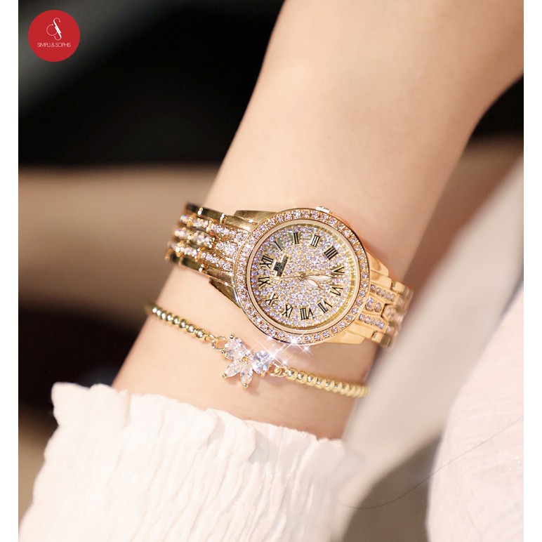Đồng hồ nữ Bee Sister 1501 đính đá cao cấp 30mm (Vàng) + Tặng hộp đựng đồng hồ thời trang & Pin