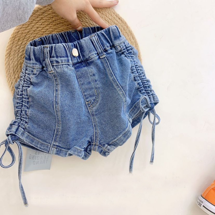 Quần Short Denim Lưng Thun Phối Dây Rút Thời Trang Mùa Hè Dành Cho Bé Gái
