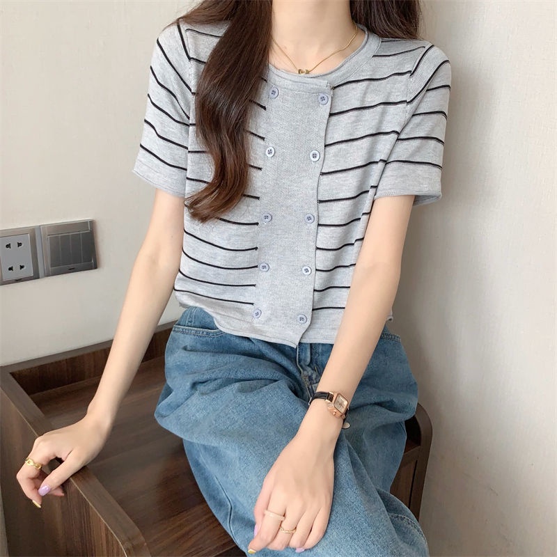 Áo Cardigan Ngắn Tay Dáng Rộng Họa Tiết Kẻ Sọc Thời Trang Mùa Hè