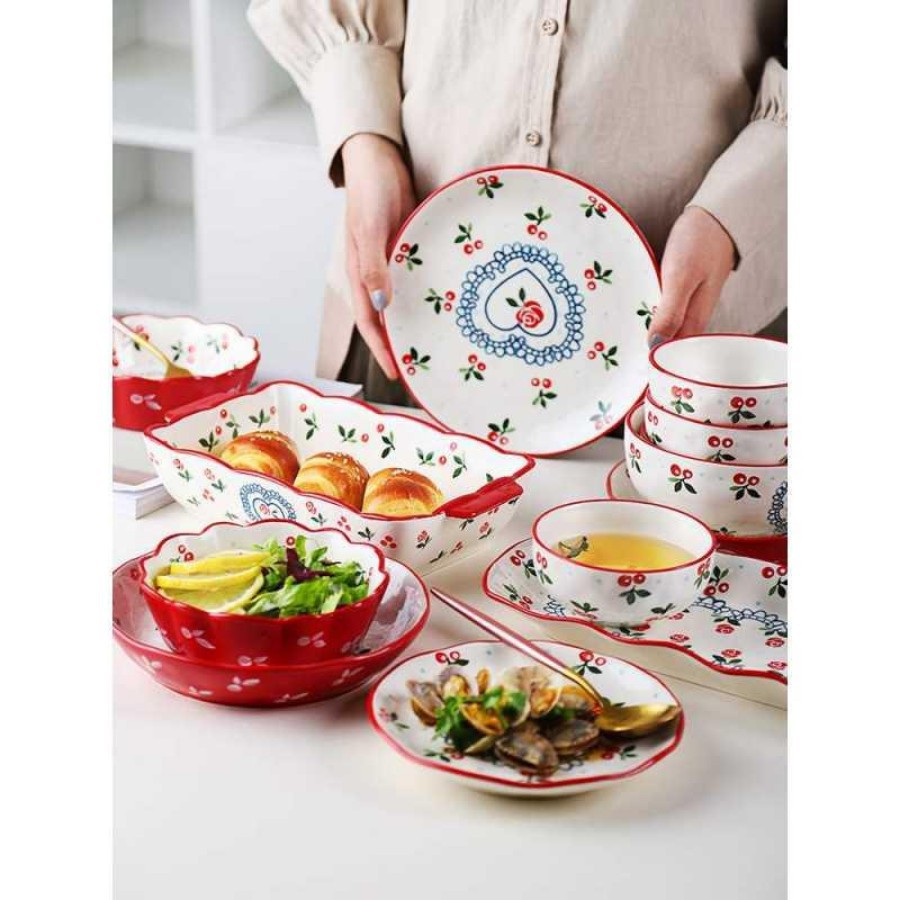 (Hàng có sẵn) Bộ sưu tập bát đĩa, bát đĩa sứ họa tiết Cherry đỏ - phong cách Hàn Quốc