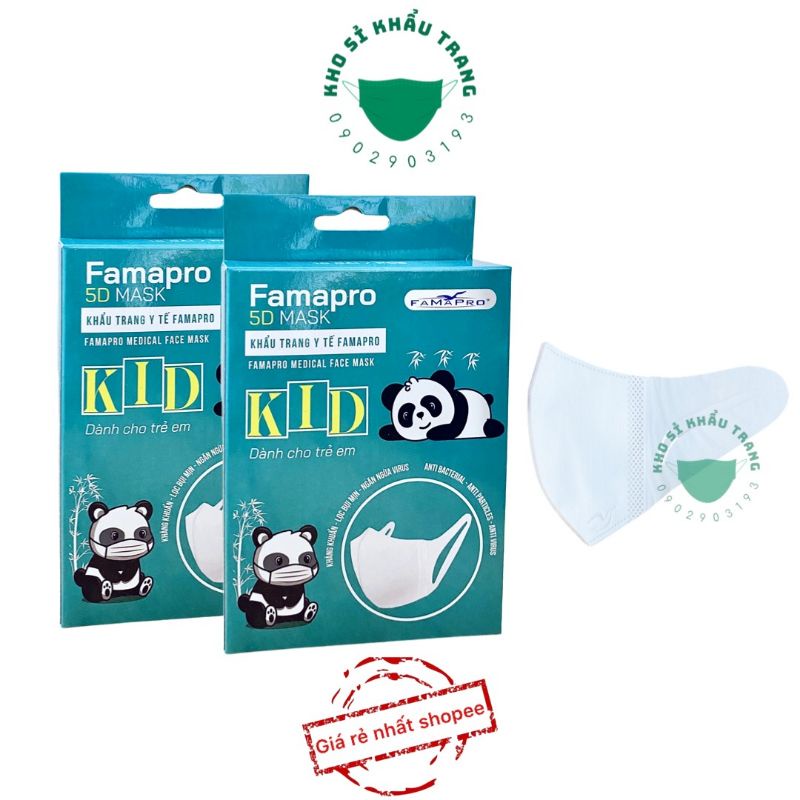 Hộp 10 cái khẩu trang 5d kids Famapro quai vải cho bé 3-6 tuổi
