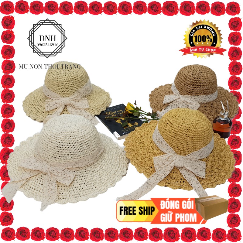 COMBO 5 Nón cói mềm (mũ cói mềm) cho mẹ và bé móc tay buộc đai ren