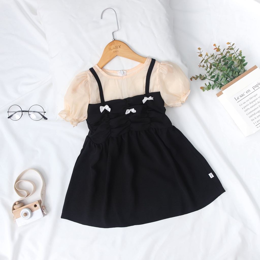 Váy cho bé gái ILABY thiết kế phối tơ đính nơ chất liệu cotton thoáng mát [10IG02190721]