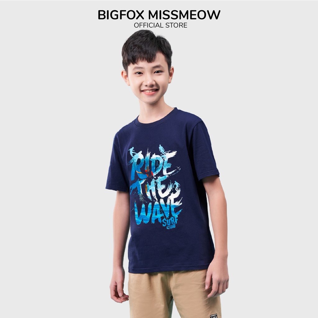 Áo phông bé trai Bigfox Miss Meow chất cotton mềm mịn mặc mùa hè cho trẻ em, hình in ride the wave size đại 7-15 tuổi