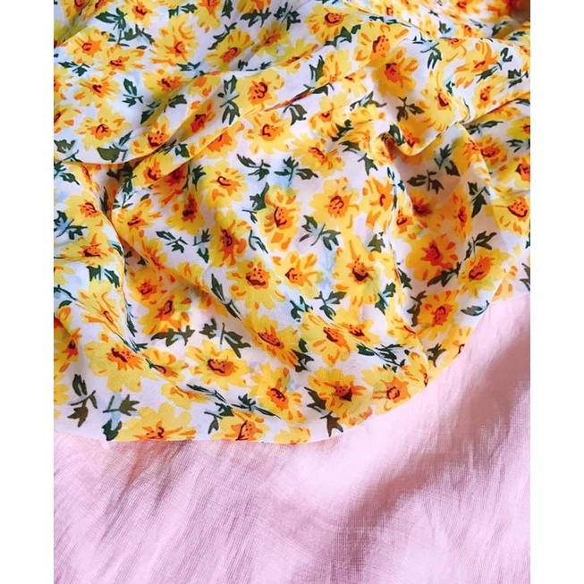 Áo dài hoa nhí vàng xanh lụa Hàn Châu MINH ANH Fashion