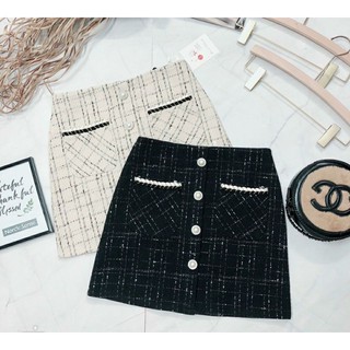 Chân váy dạ tweed 2 túi khuy ngọc