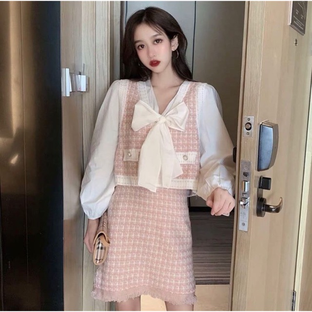 (s47) set ulzzang tiểu thư len mịn áo sơ mi nơ váy áo gile thu đông hàng cao cấp có đàn hồi 3 món(kèm ảnh khách)