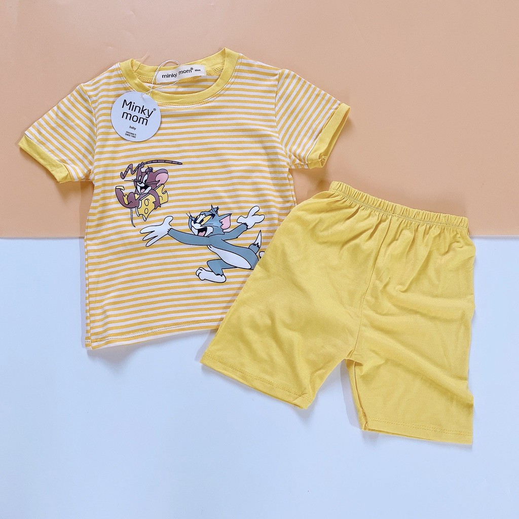 Đồ Bộ Bé Trai, Bé Gái Minky Mom Kẻ Sọc Vải Cotton Lạnh Họa Tiết Hoạt Hình, Bộ Cộc Tay Cho Bé Mặc Nhà